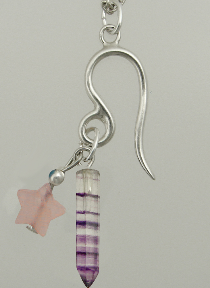 Sterling Silver Leo Pendant Necklace With an Fluorite Crystal And a Rose Quartz Star